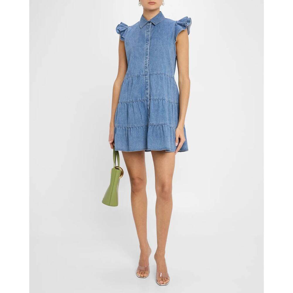 New ALICE + OLIVIA Jem Denim Tiered Mini Shirt Dress in Large - Picture 7 of 13